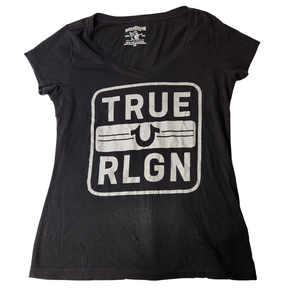 True Religion Shirt Womens Small Black Sequin Graphic Logo Tee Glitter Sparkle